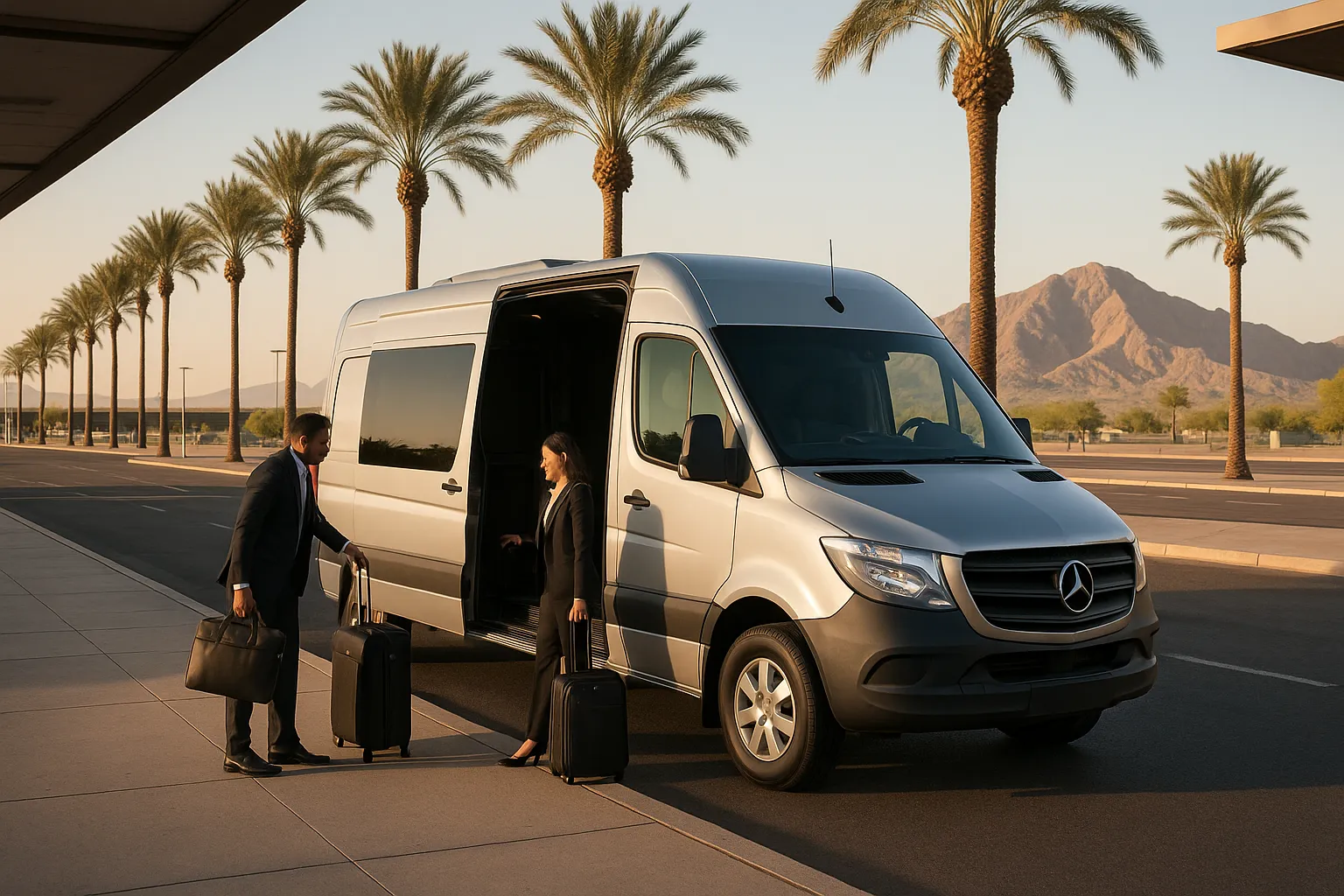 Sprinter van loading business travelers at the airport charter curb serving Scottsdale