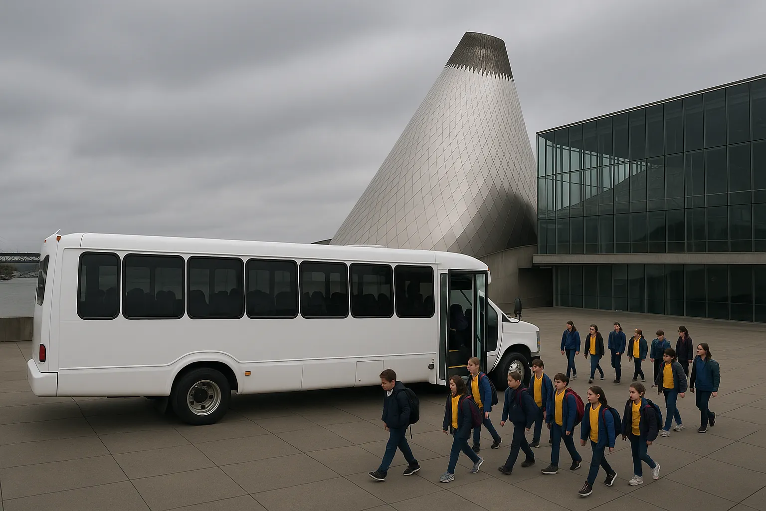 Minibus dropping a school group outside a waterfront museum entrance