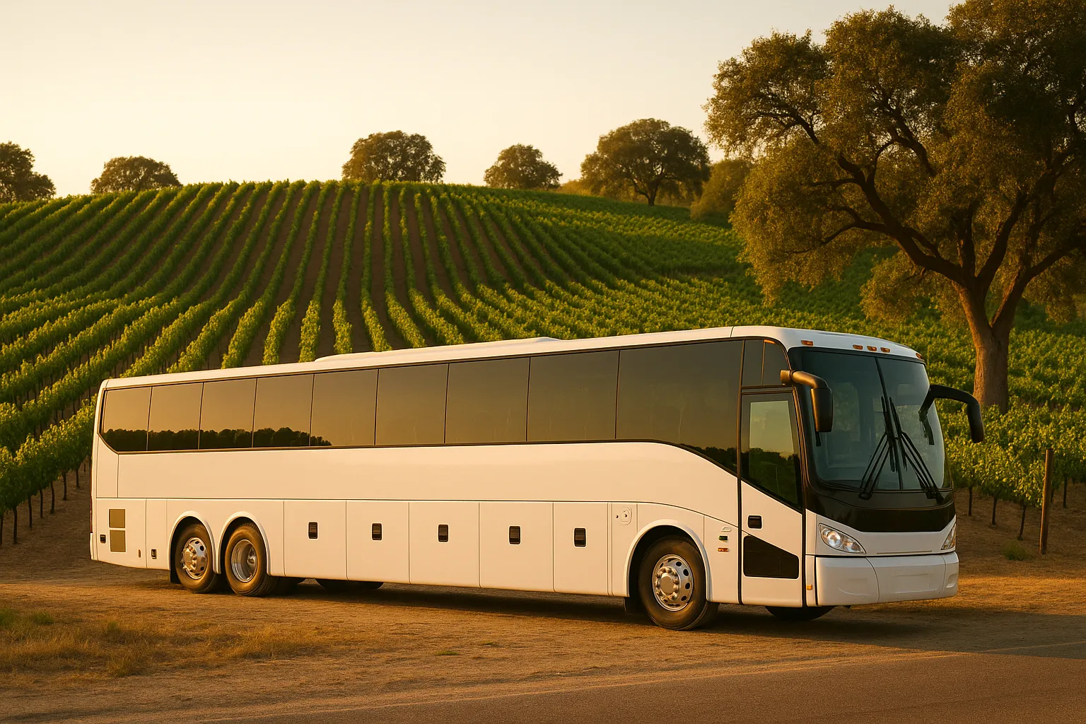 White charter motorcoach on a two-lane road through Temecula wine country vineyards