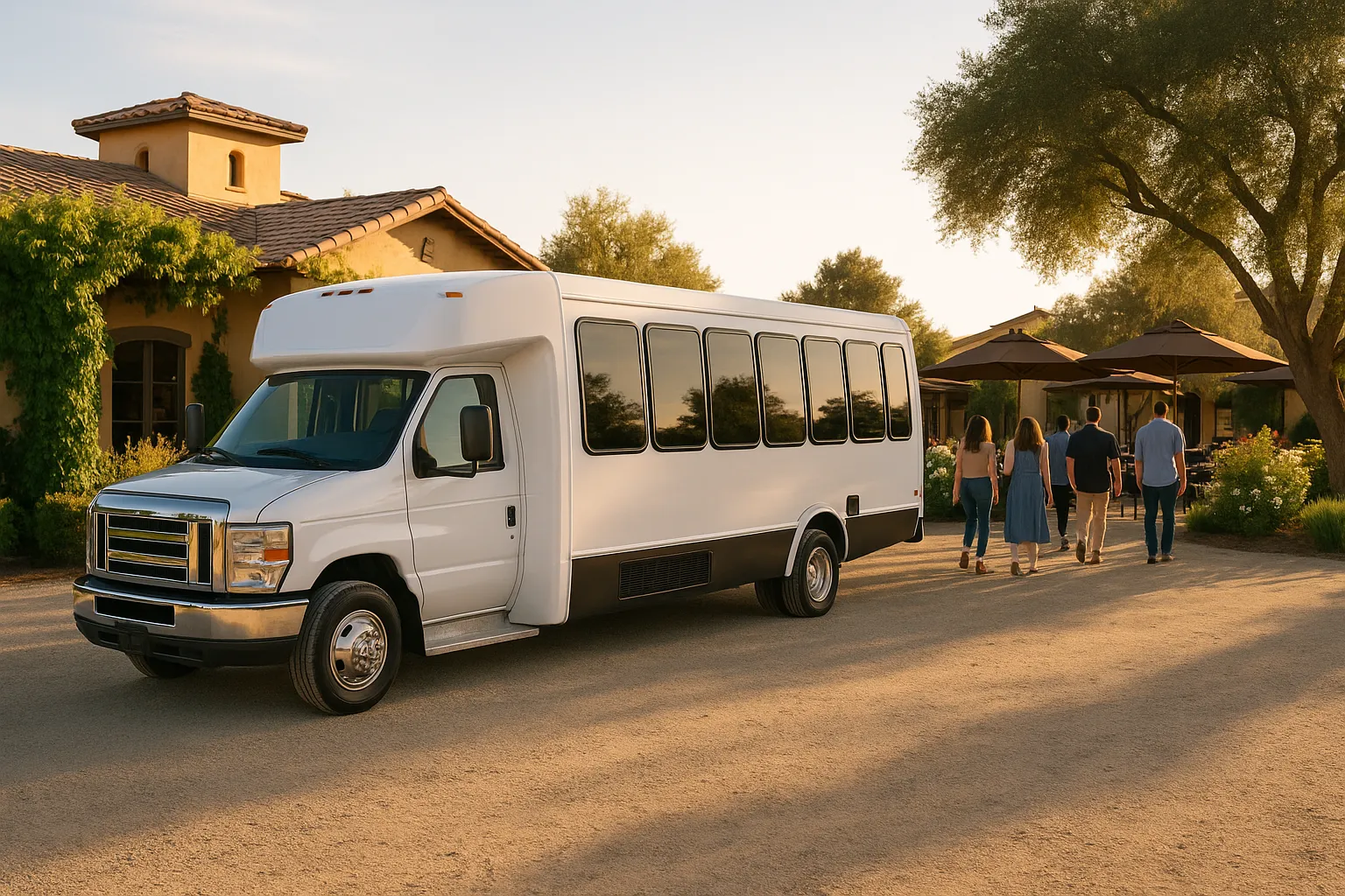 Minibus parked outside a Temecula winery tasting room with guests walking to the patio