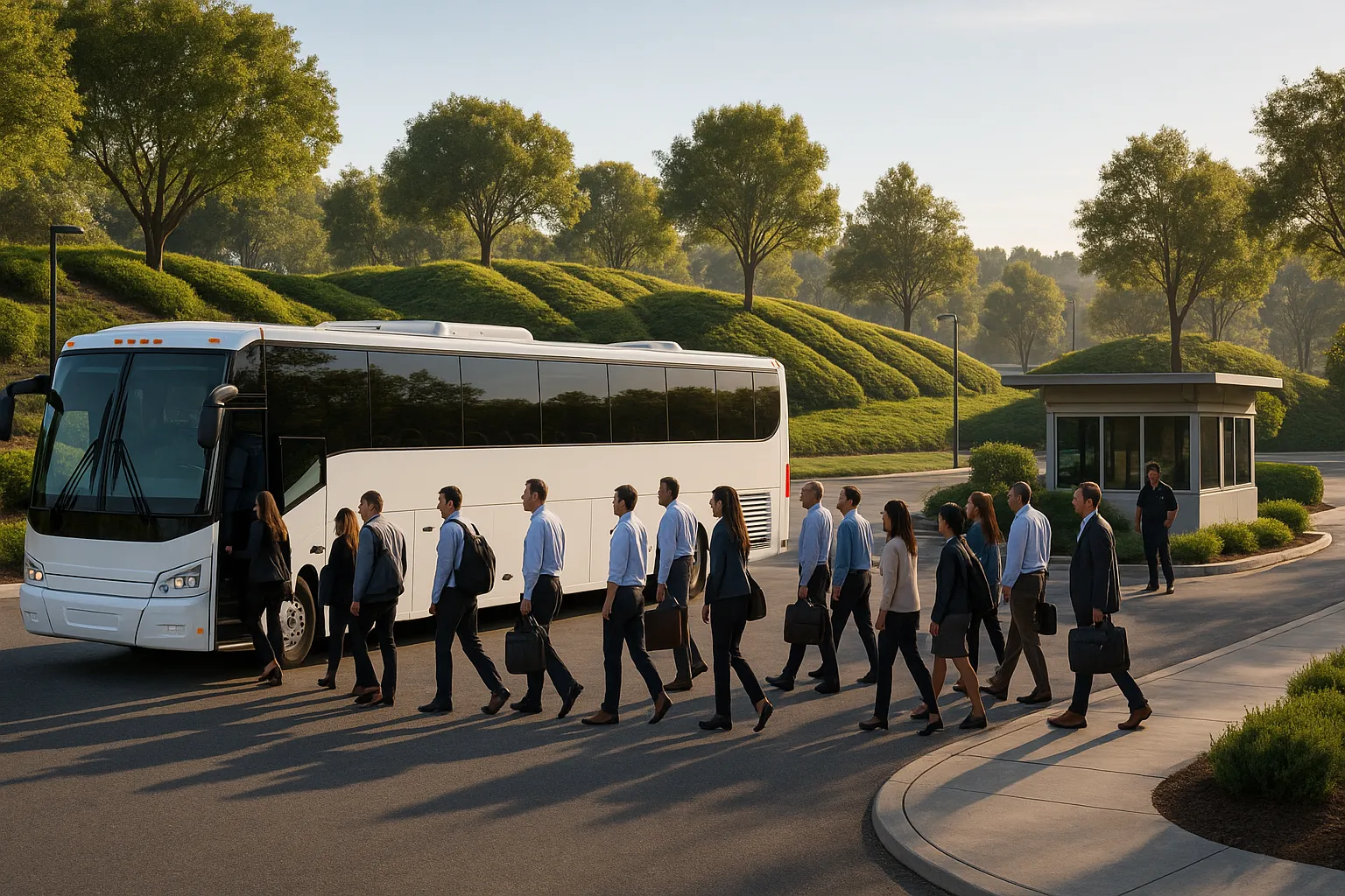 Motorcoach boarding employees at a South Bay corporate campus entrance in the early morning