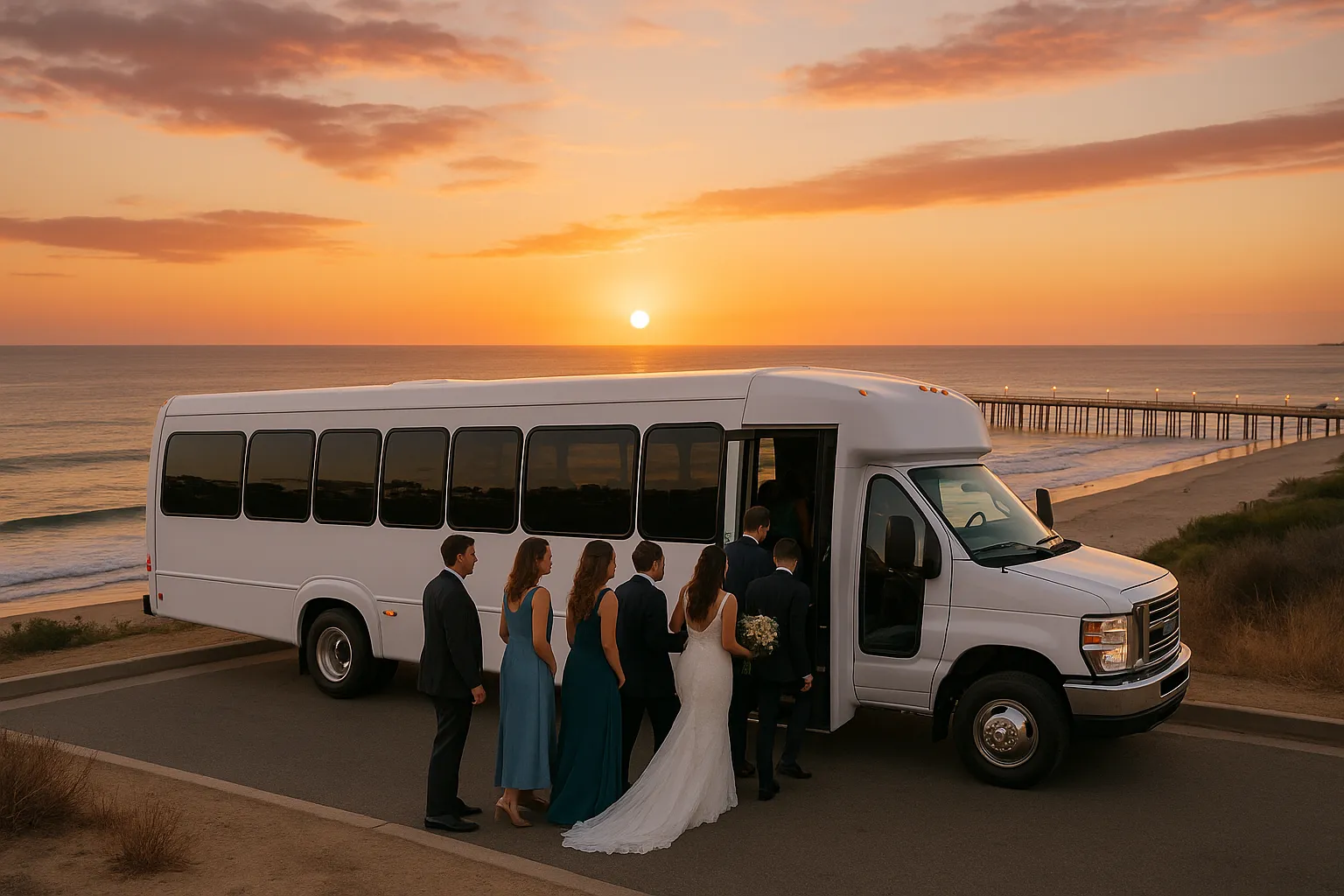 Minibus parked on a coastal road above a South Bay beach at sunset with wedding guests boarding