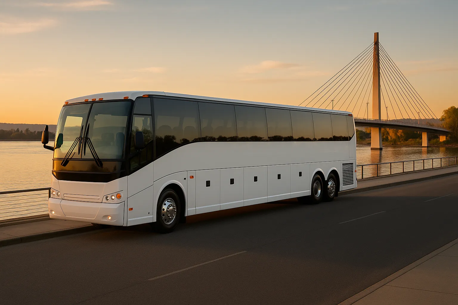 Motorcoach parked along the Vancouver Washington waterfront with the Columbia River behind