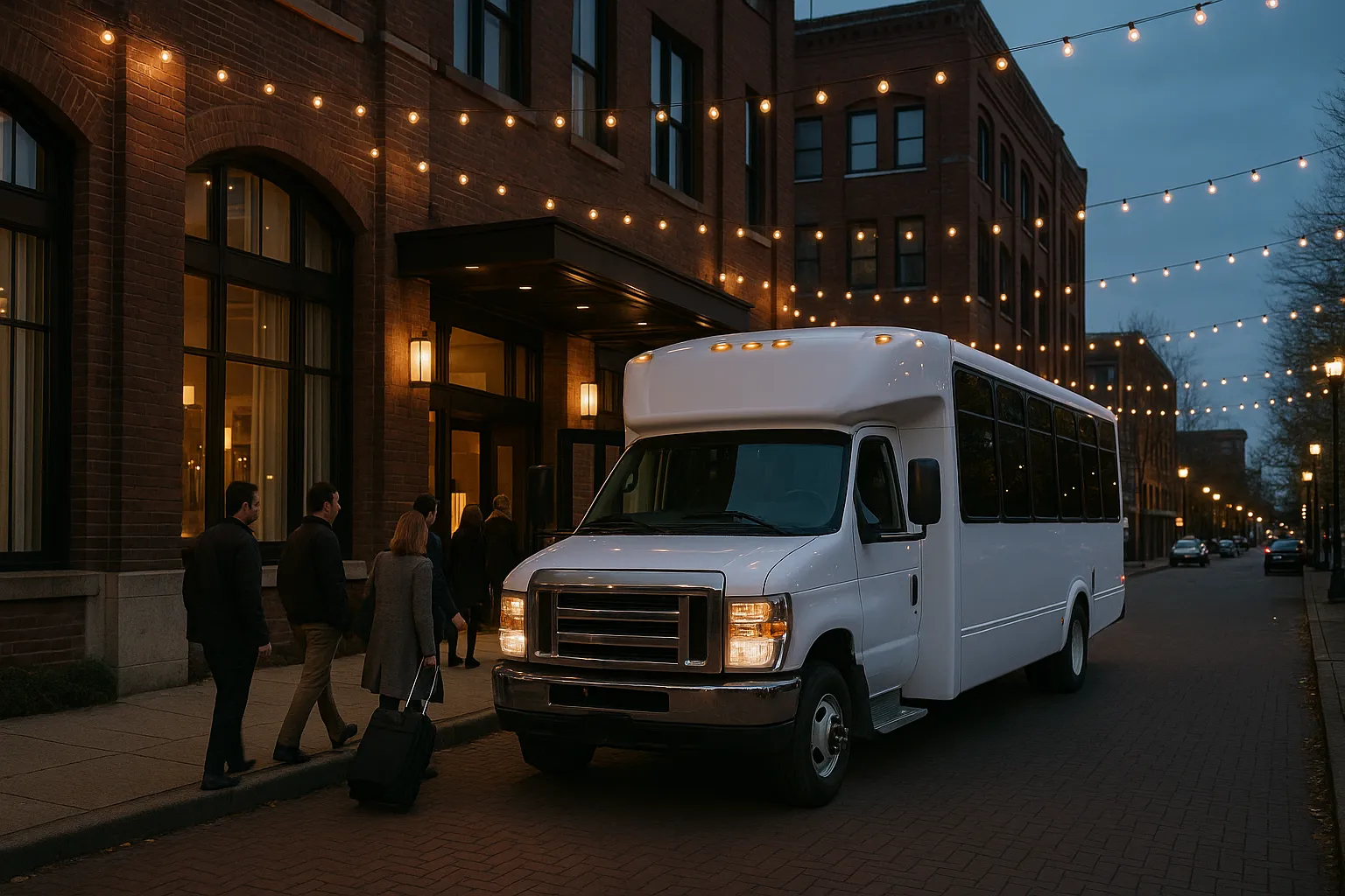 Minibus loading wedding guests outside a downtown Vancouver Washington hotel at dusk