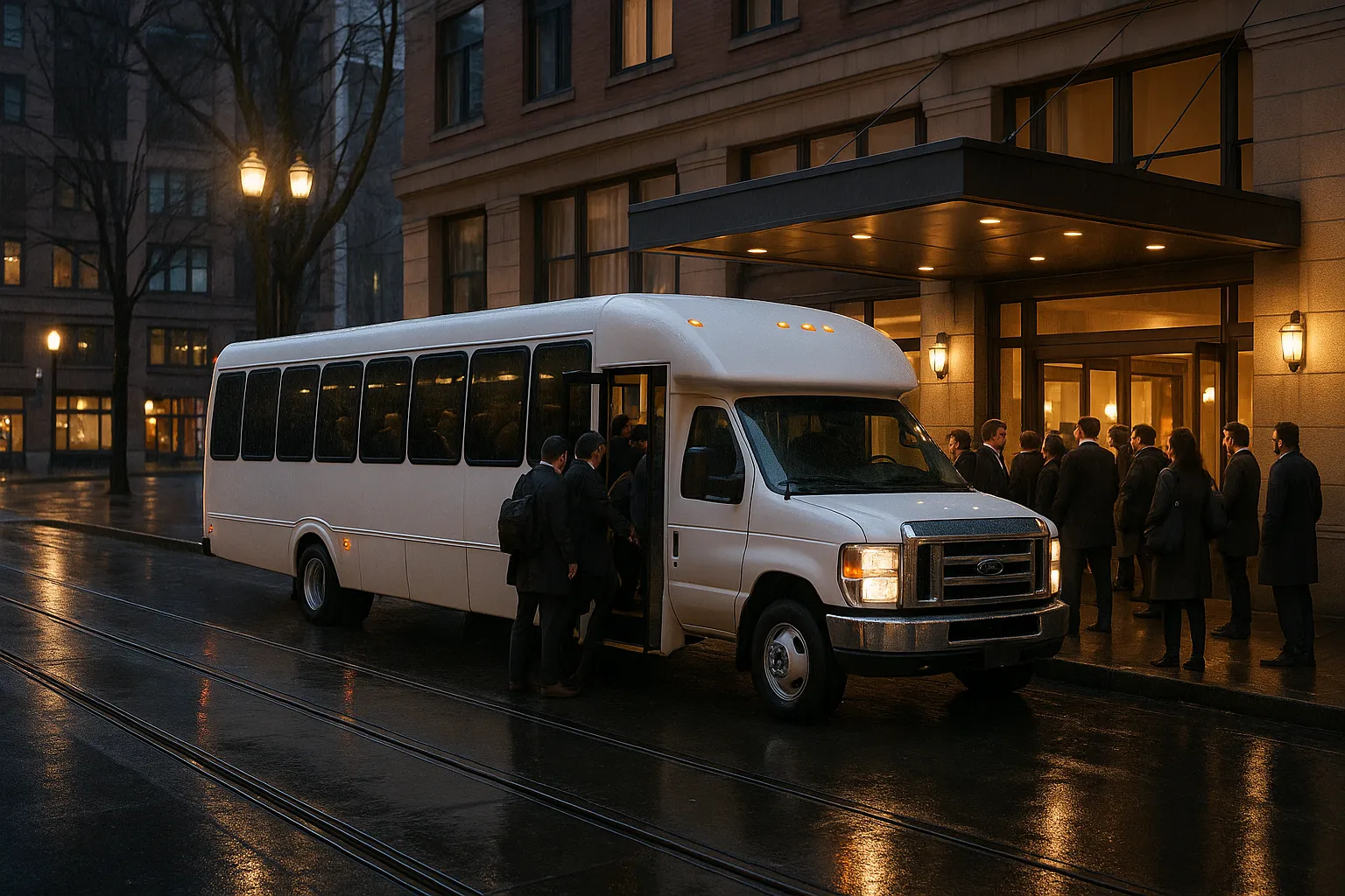 conference charter bus loading attendees at the Oregon Convention Center