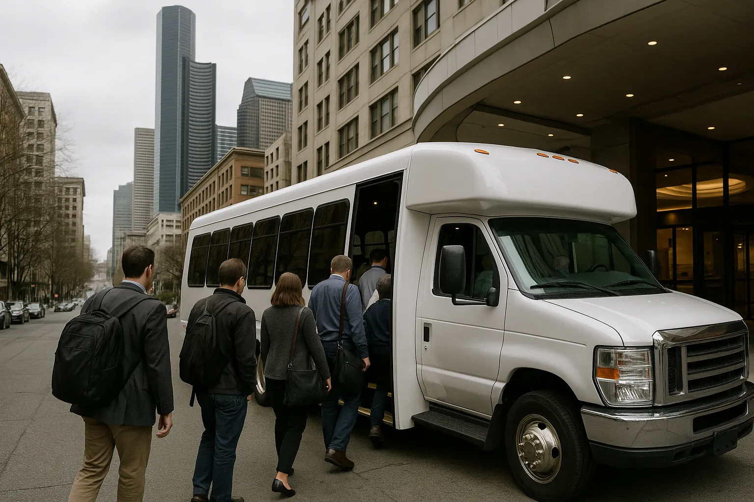 Conference attendees boarding a charter coach outside a downtown Seattle hotel