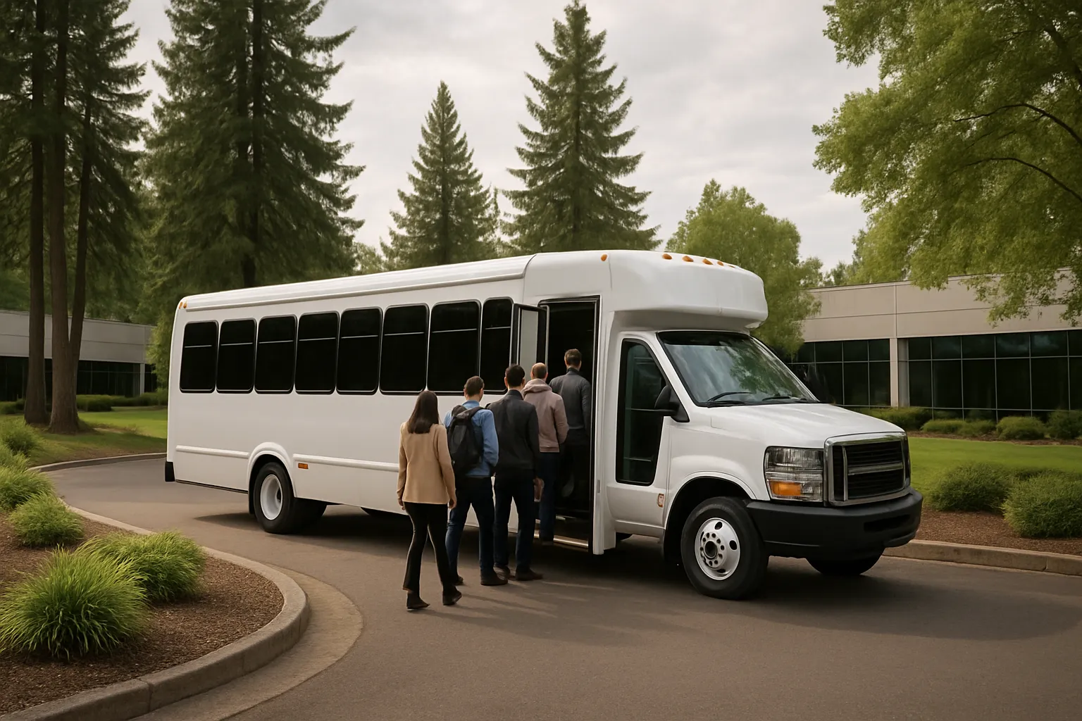 corporate charter bus outside a Portland office building