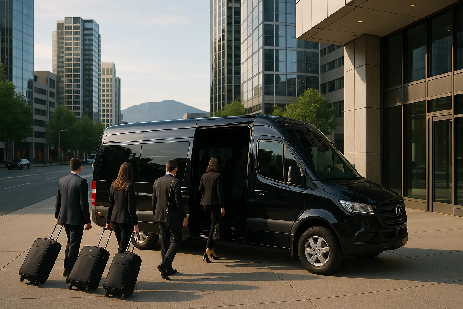 Employees boarding a charter minibus outside a Bellevue office tower