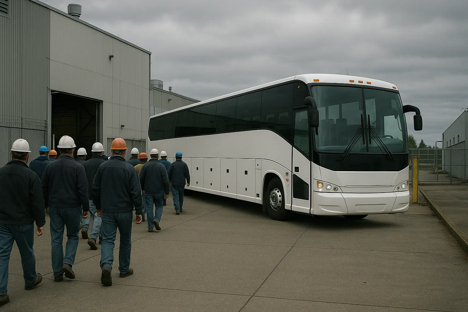 Commuters boarding an employee shuttle minibus at a Seattle area park and ride
