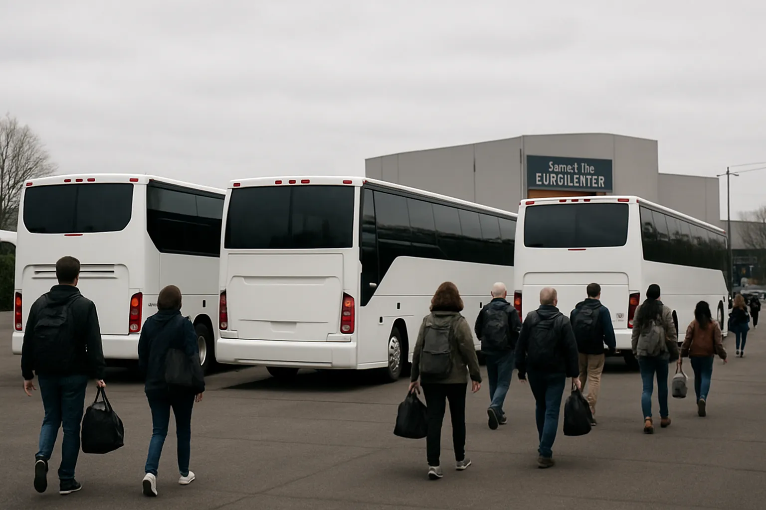 multiple charter buses staged for a large group move in Portland