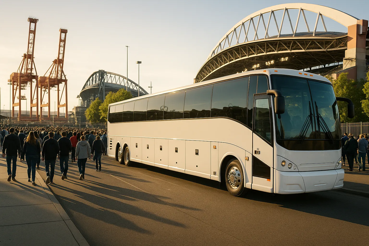 A line of charter motorcoaches staged for a large group move at a Seattle cruise terminal