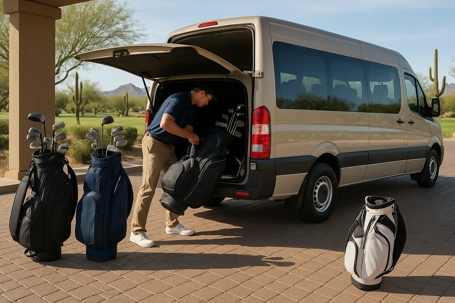 Golf bags loaded into the rear compartment of a Phoenix minibus charter