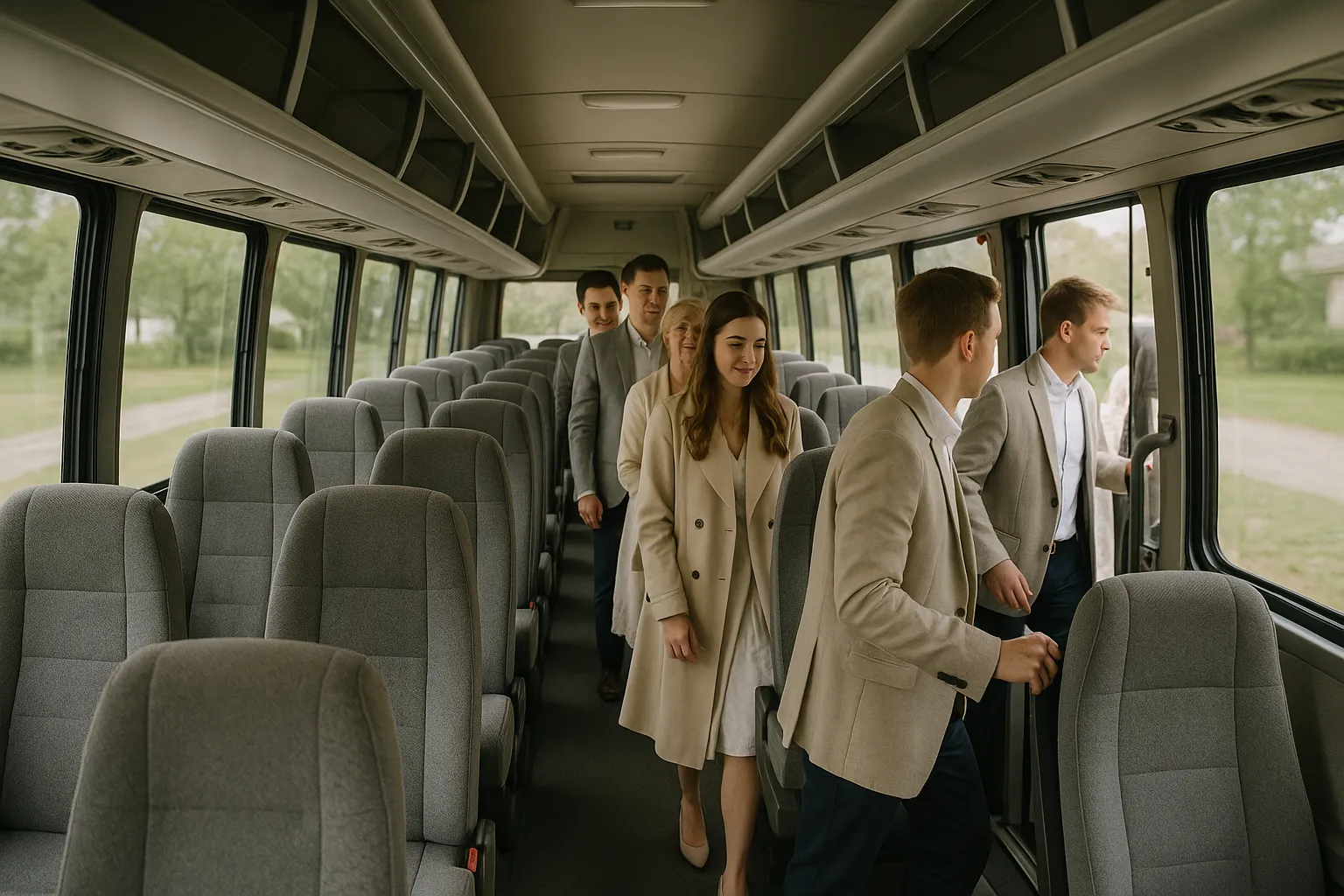 Guests boarding a 30-seat minibus with forward-facing seats and overhead storage