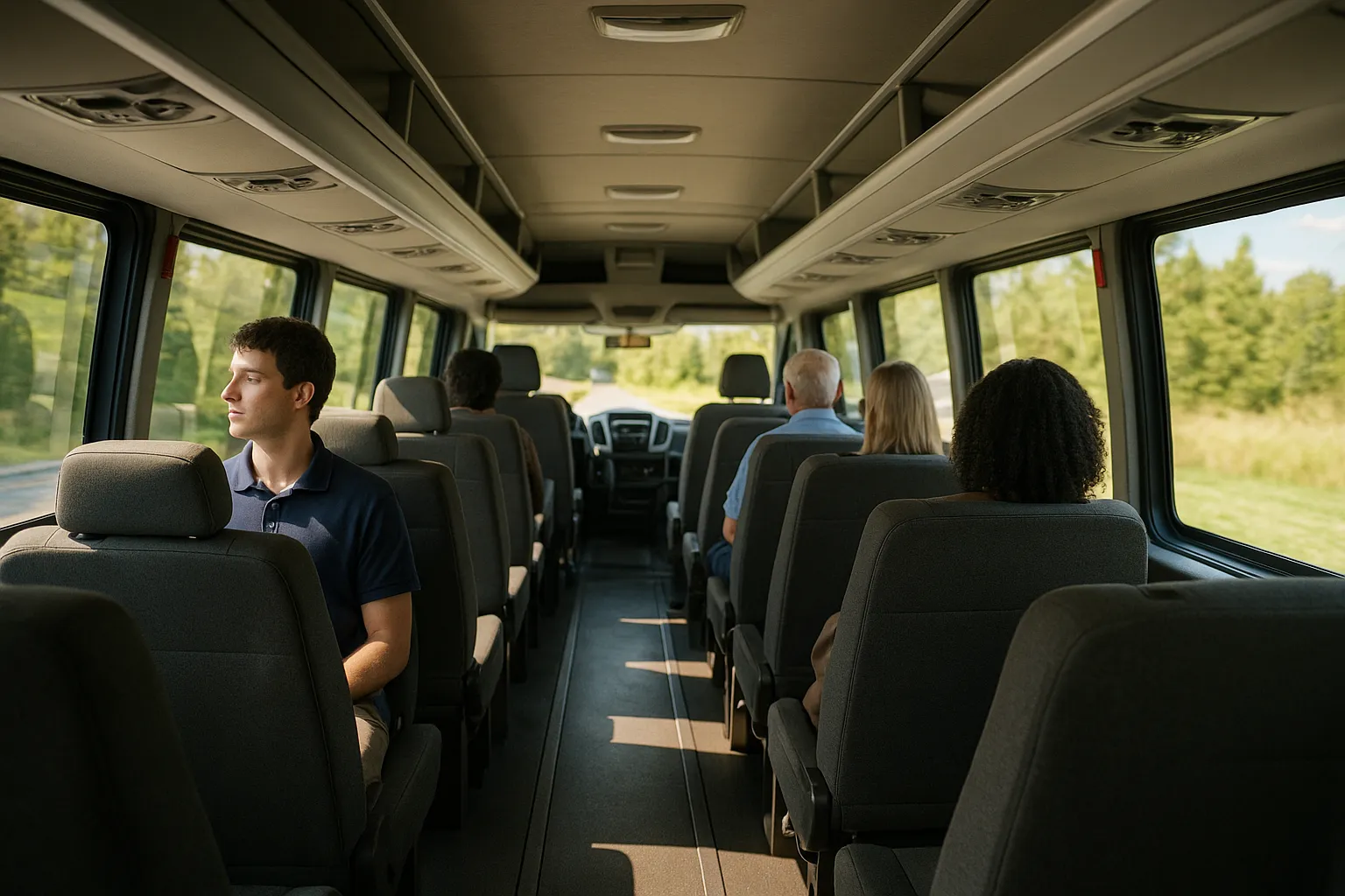 Aisle view inside a 28-seat minibus charter serving the Central Valley