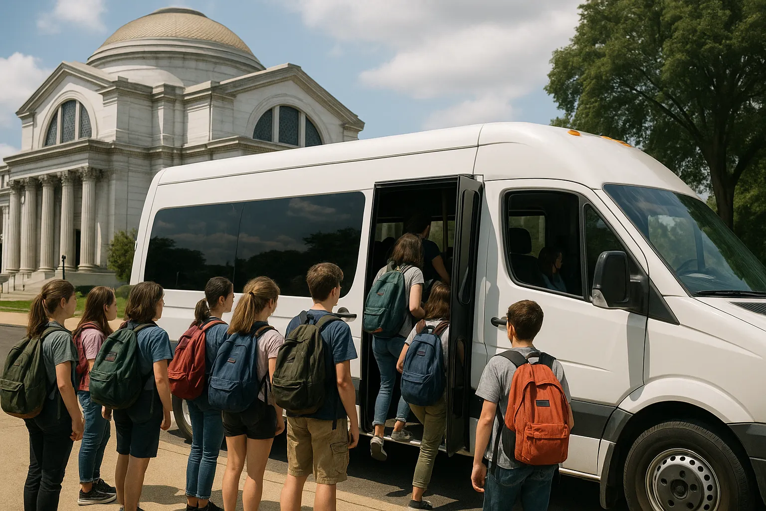 Student group boarding a minibus outside a Washington DC museum