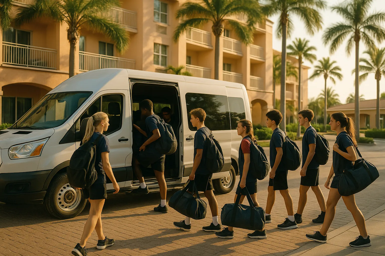 Youth sports team boarding a minibus charter in Orlando