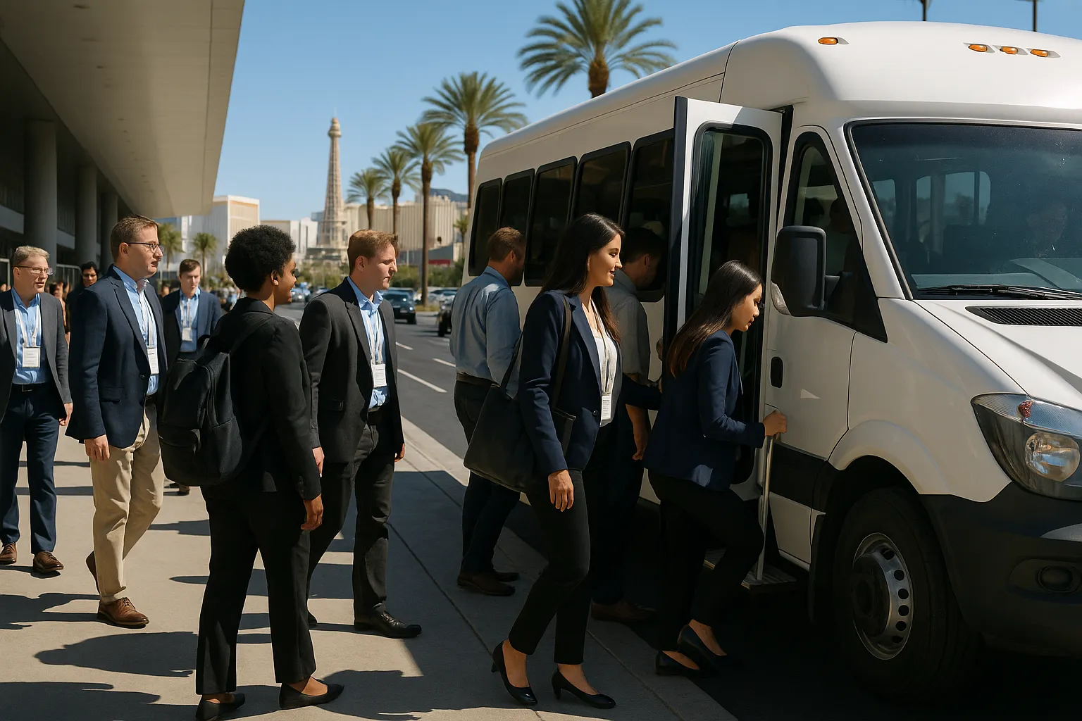 Convention attendees boarding a minibus shuttle in Las Vegas