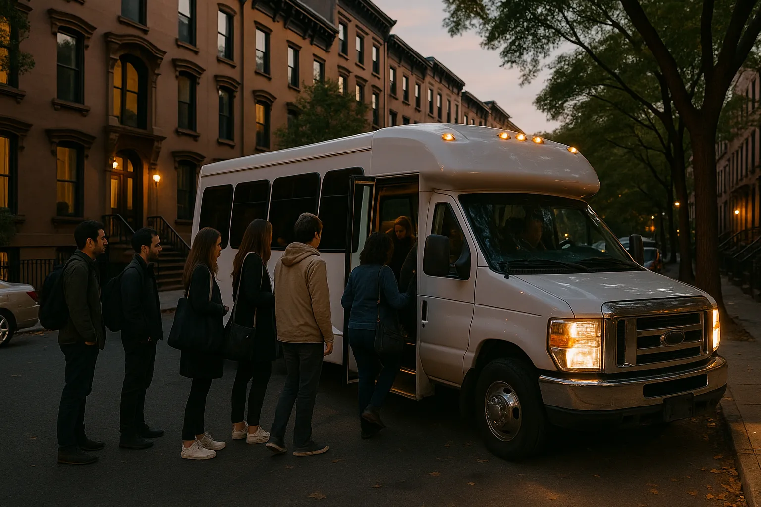 Group boarding a minibus on a Brooklyn brownstone street