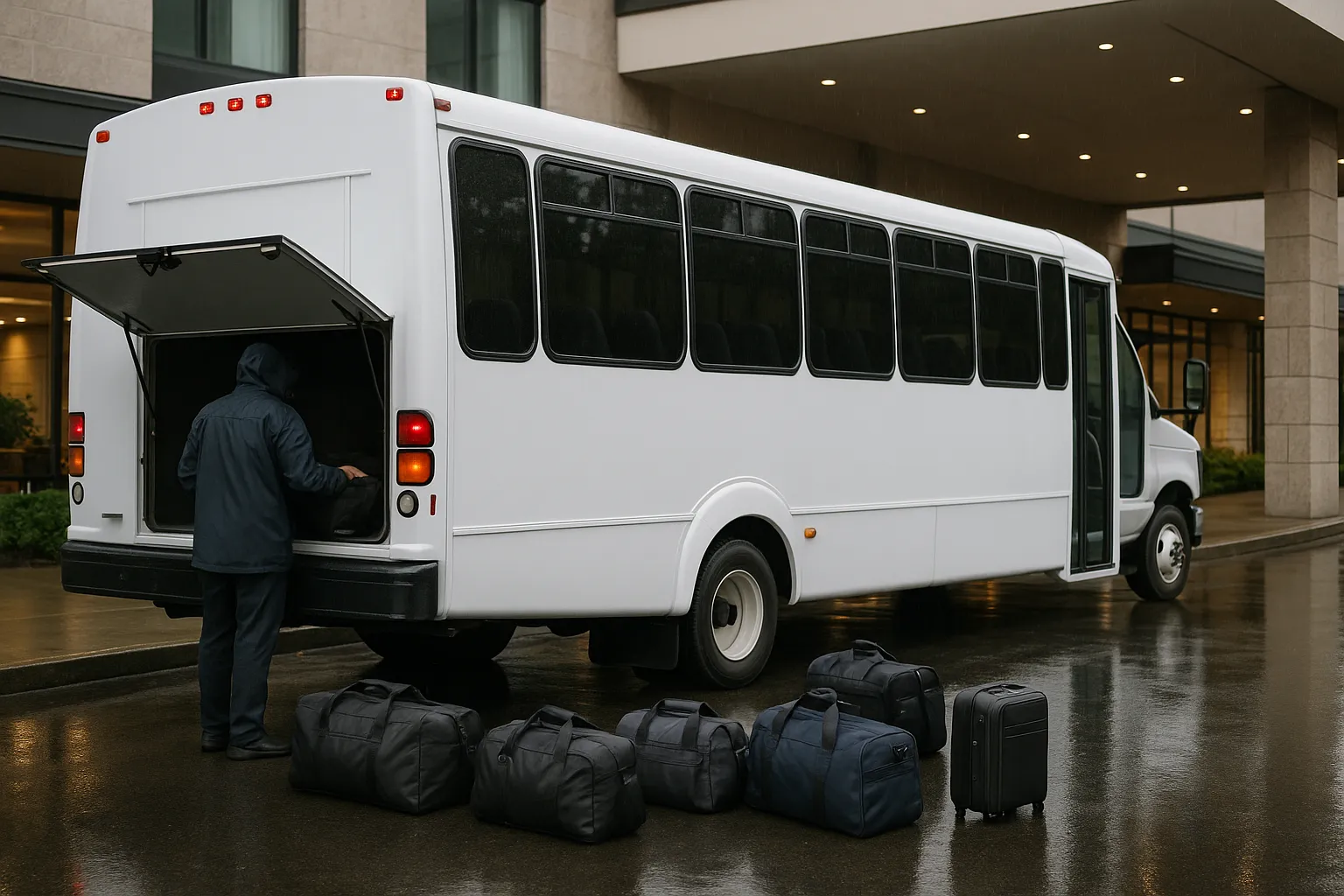 Group loading bags into the rear luggage area of a Portland minibus charter