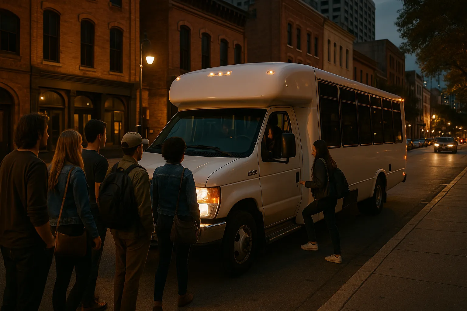 Group boarding a minibus charter on a downtown Austin street at night