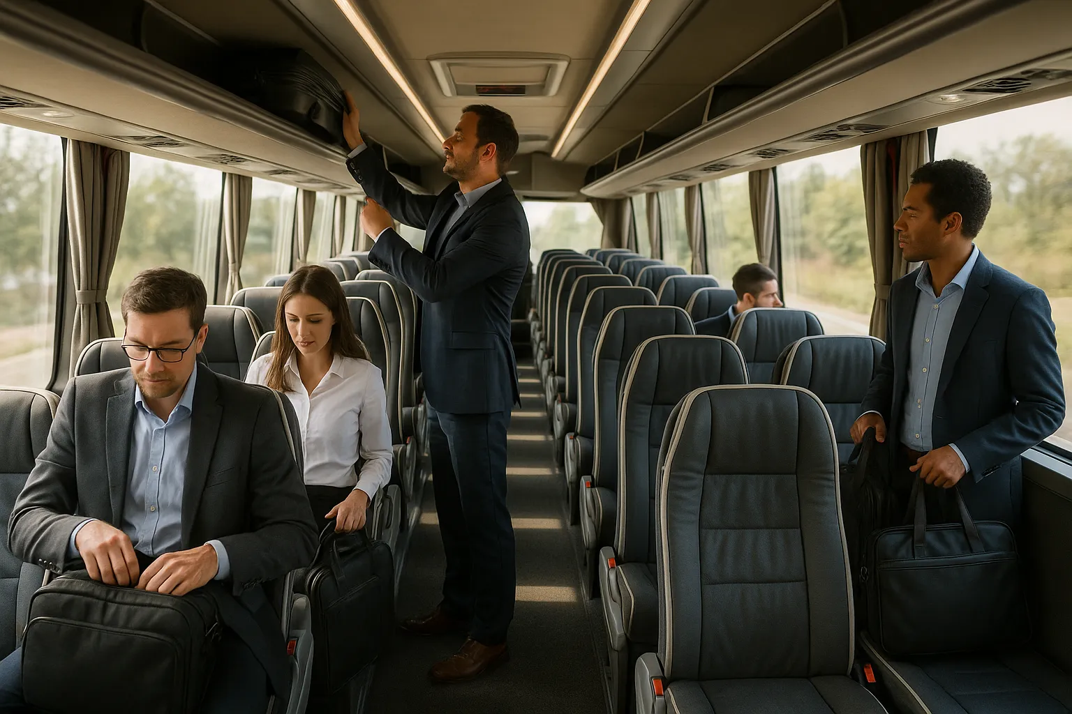 Business travelers seated inside a 32-seat minibus charter in Dallas