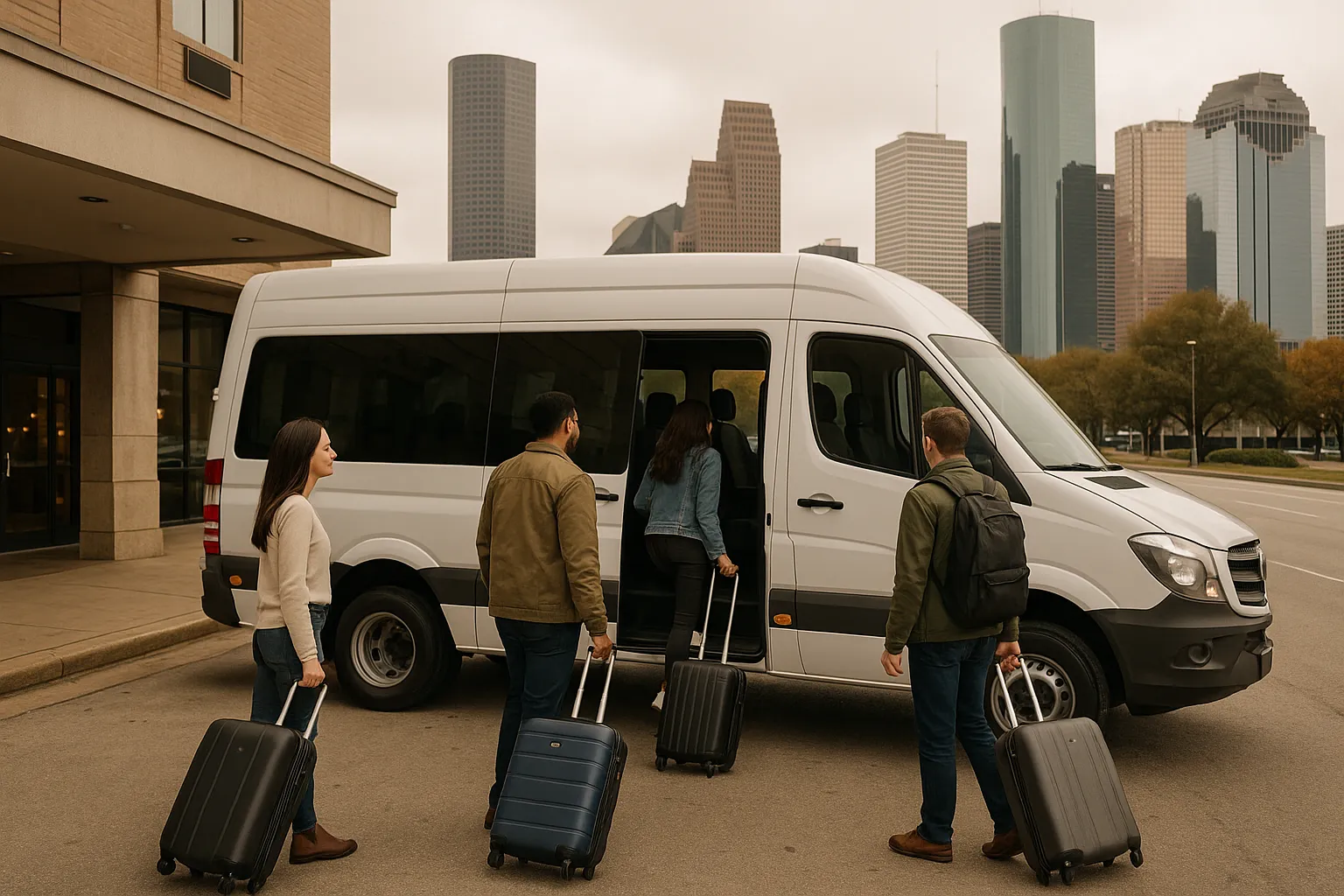 Group boarding a minibus charter outside a Houston hotel