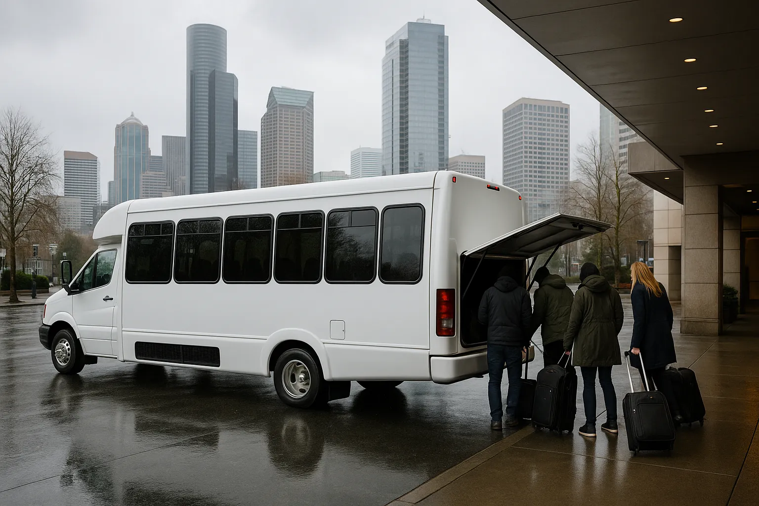 Group loading bags into the rear luggage area of a Seattle charter minibus