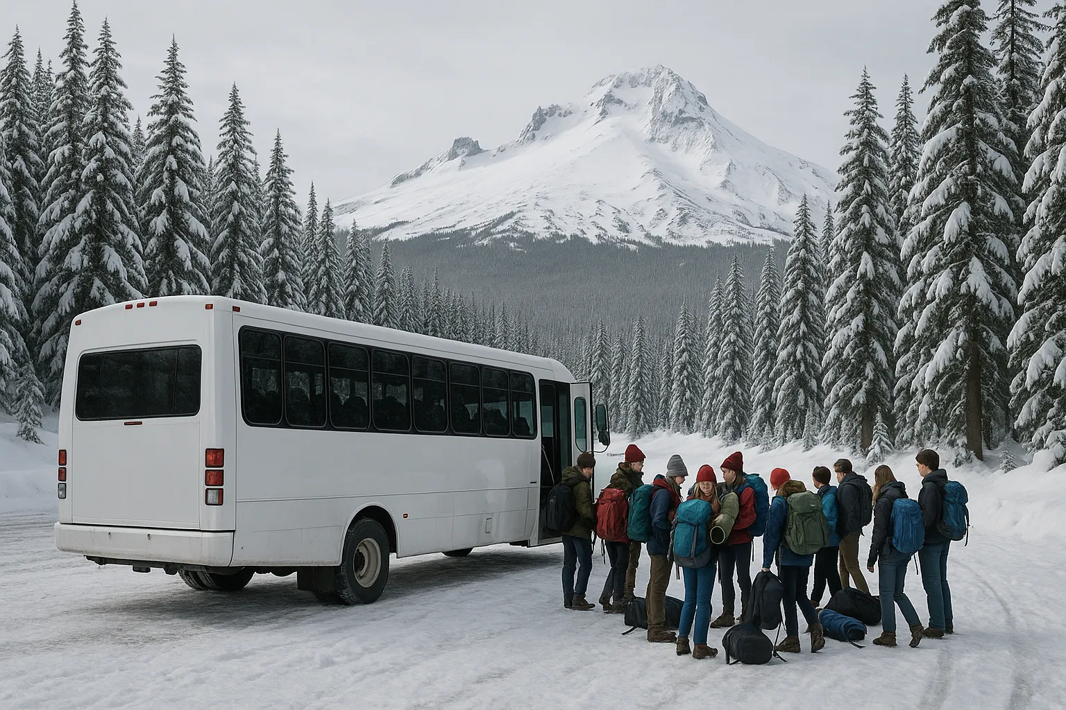 students boarding a charter bus for a Portland school field trip