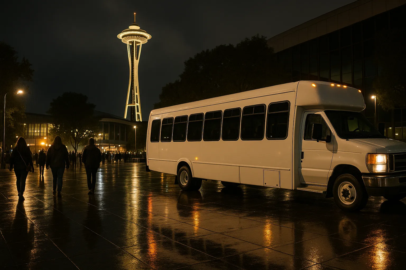 Fans boarding a charter bus near a Seattle stadium on game day