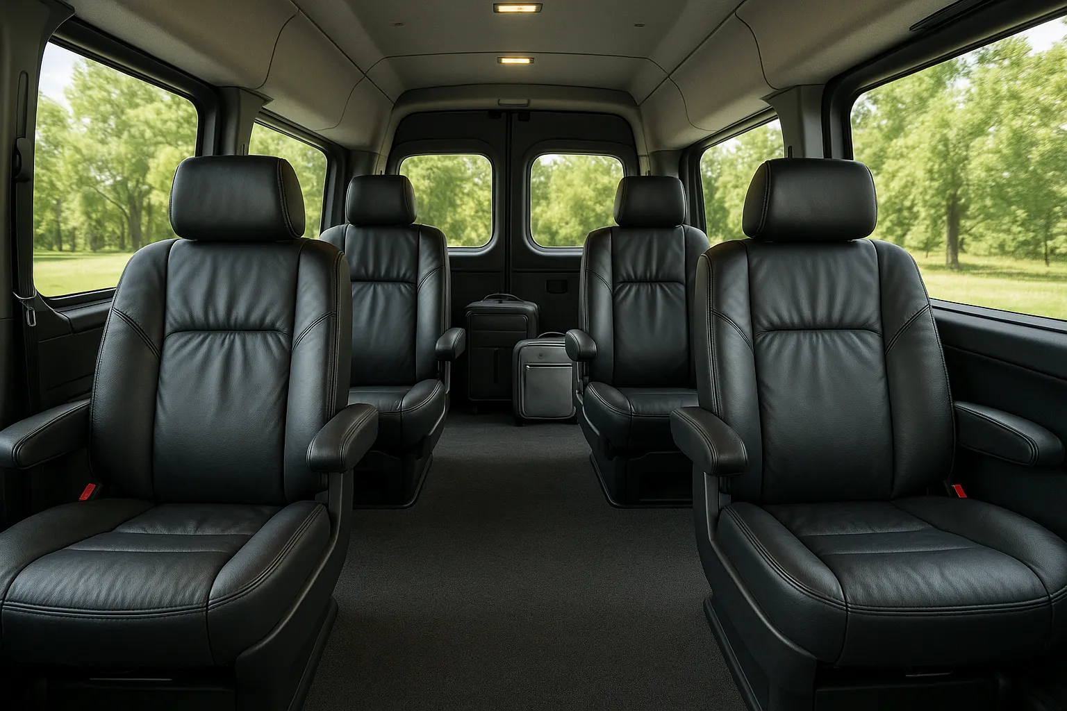 Executive Sprinter van interior with leather captain's chairs and rear luggage space loaded with carry-ons
