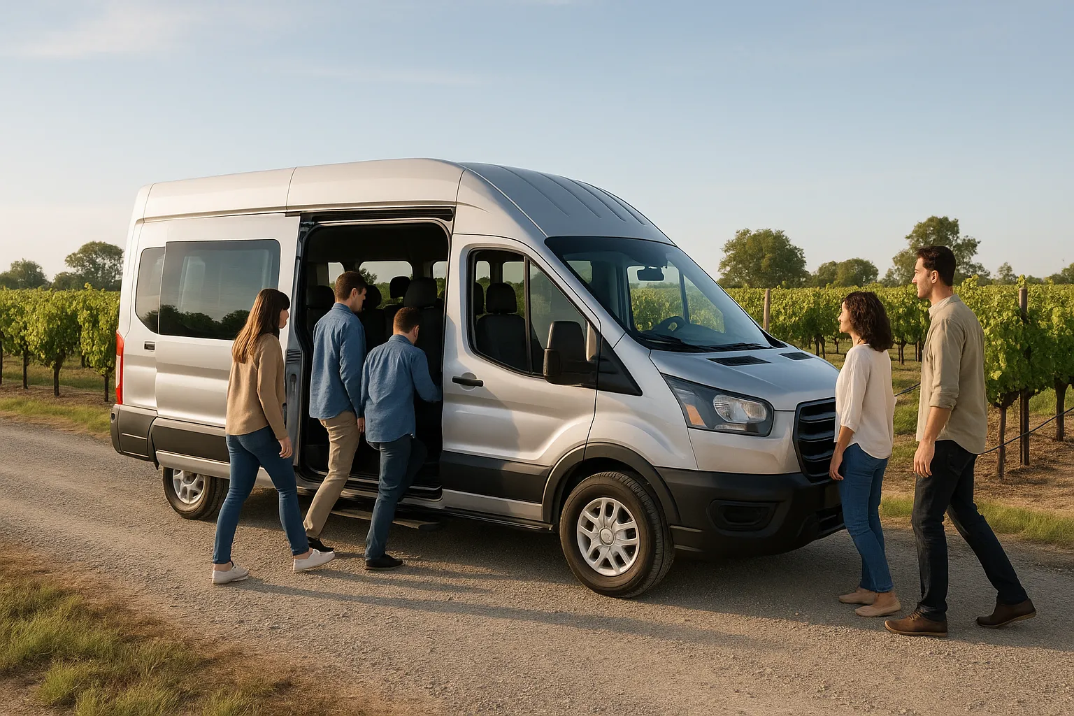 Sprinter van on a vineyard driveway in the Lodi wine region with passengers boarding