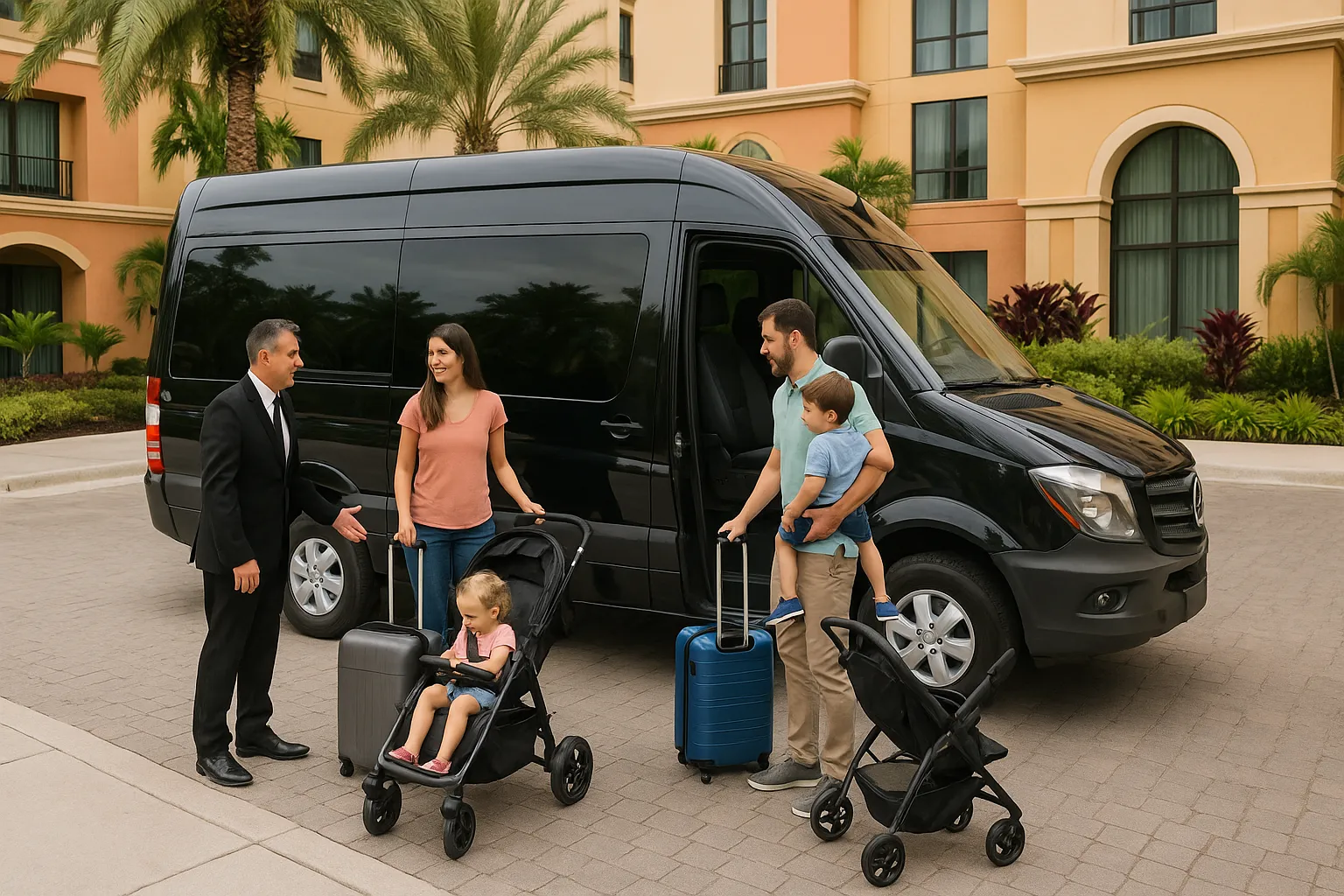 Family boarding a Sprinter van with strollers and carry-on bags outside an Orlando hotel