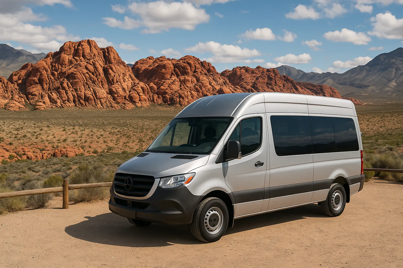 Sprinter van parked at a red rock desert overlook outside Las Vegas