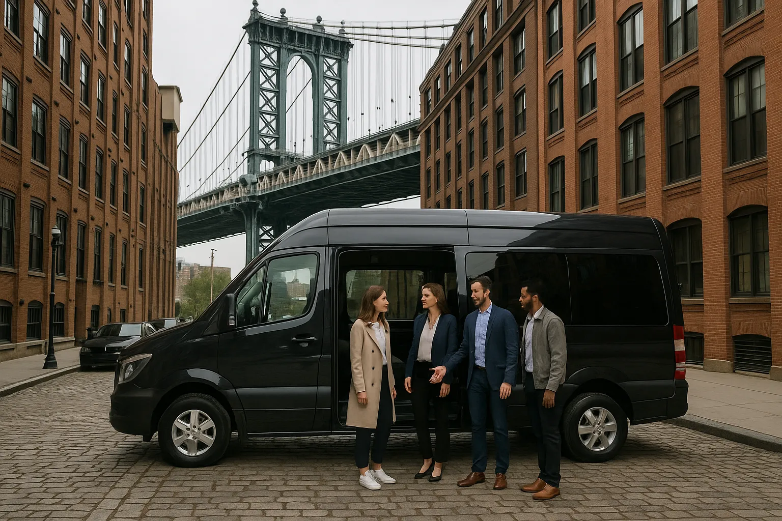 Chauffeur opening a Sprinter van door for a small group on a cobblestone street in DUMBO, Brooklyn