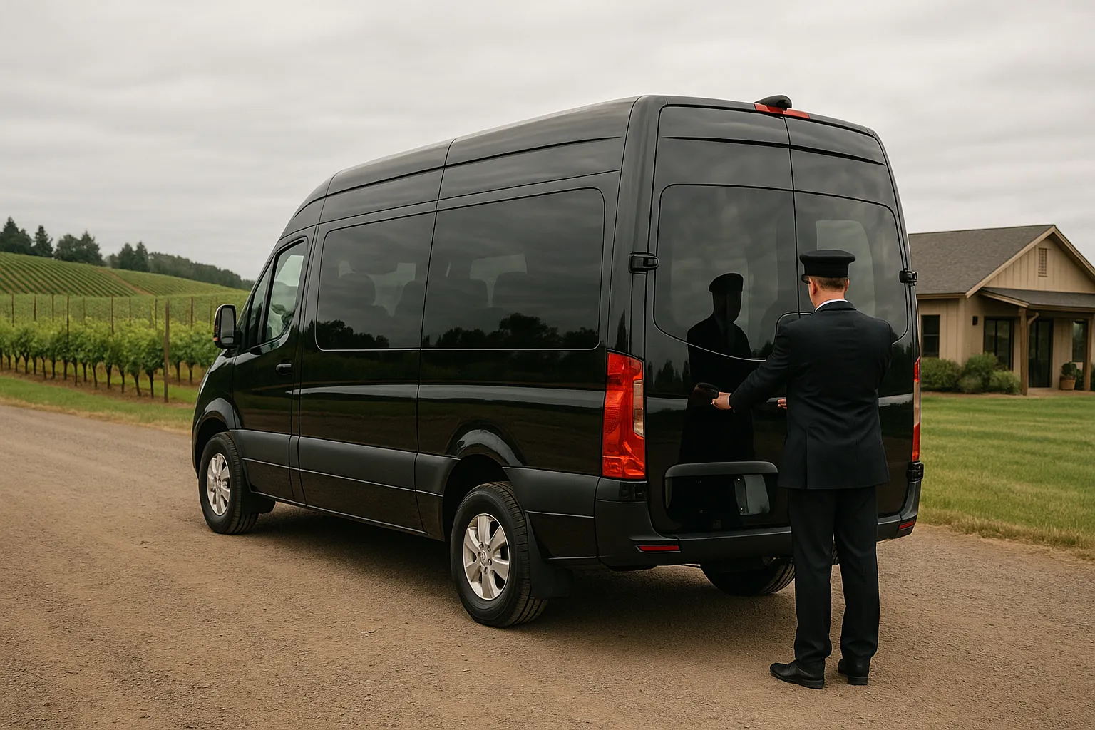 Chauffeur loading luggage as a small group boards a sprinter van at a Portland hotel entrance