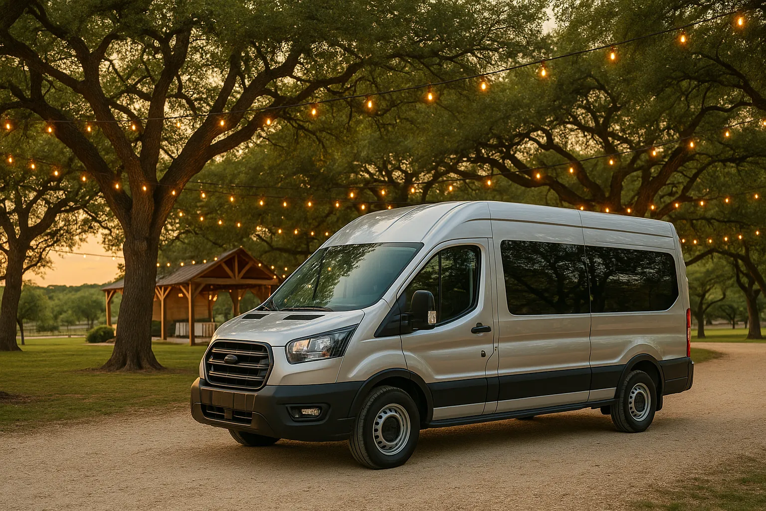 Sprinter van on the gravel drive of a Texas Hill Country ranch venue under live oaks