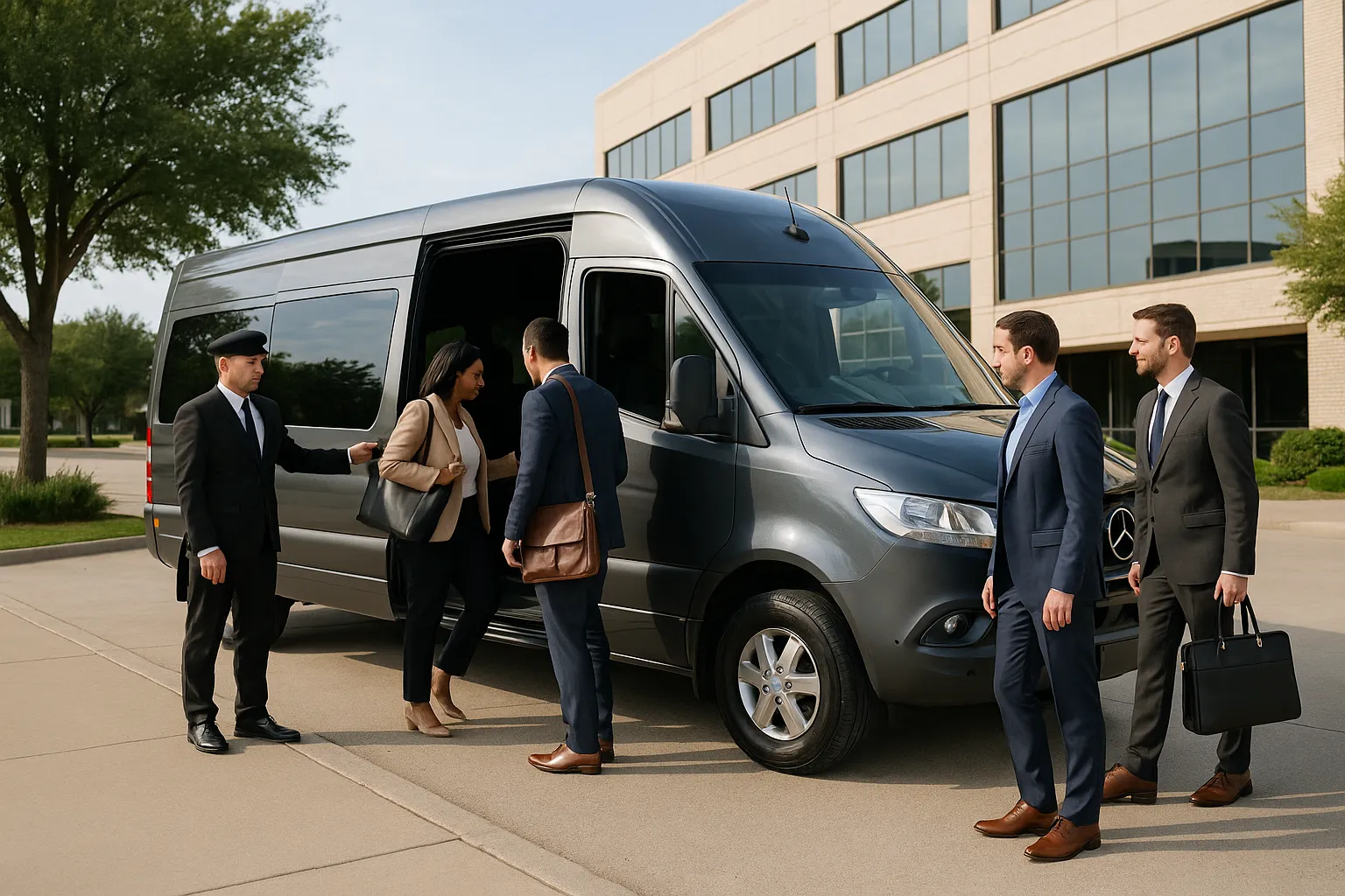 Business group boarding a Sprinter van outside an office campus north of Dallas