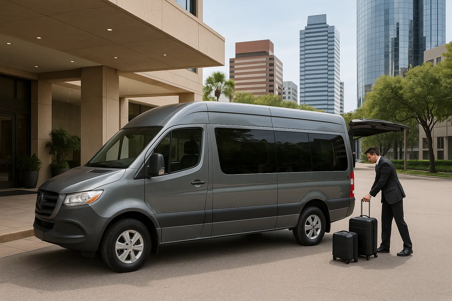 Chauffeur loading carry-on bags into a Sprinter van at a Houston Galleria hotel entrance