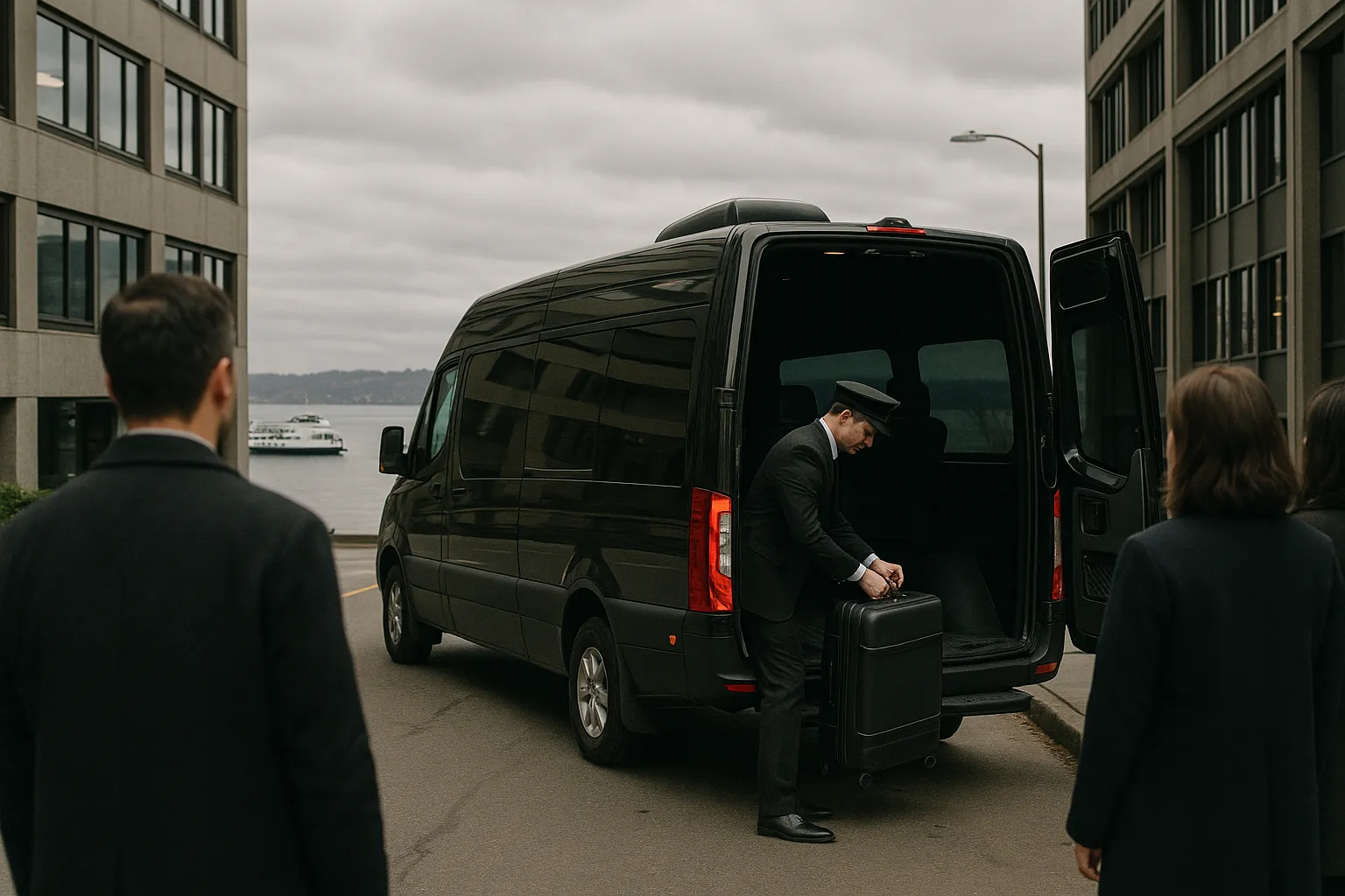 Chauffeur loading luggage as a small group boards a sprinter van at a Seattle hotel entrance