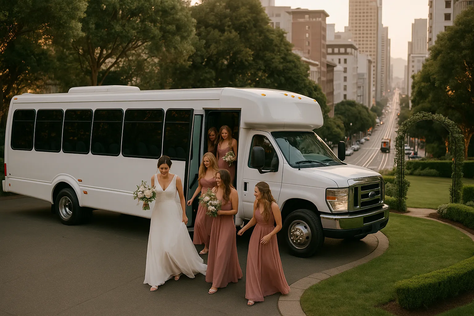 wedding charter bus in the San Francisco Bay Area