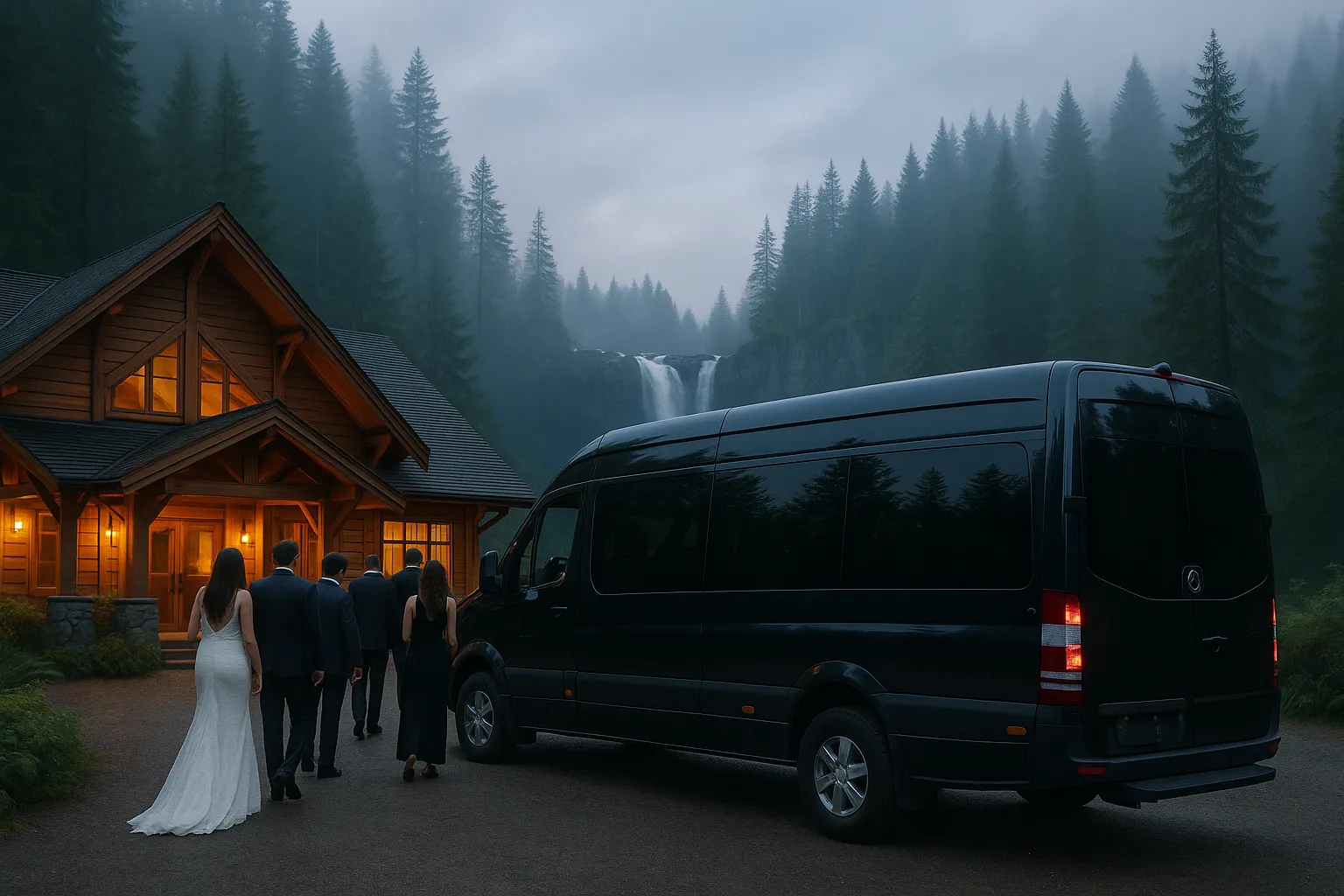 Wedding guests boarding a charter minibus outside a Woodinville winery