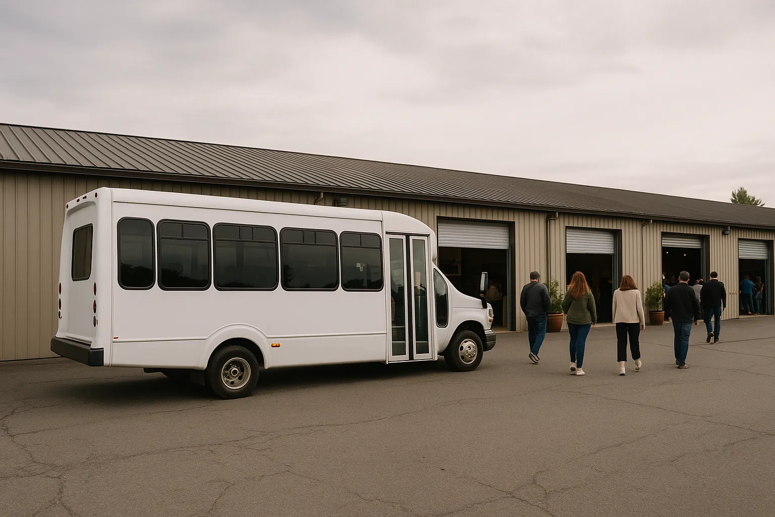Charter minibus parked at a Woodinville tasting room for a wine tour group